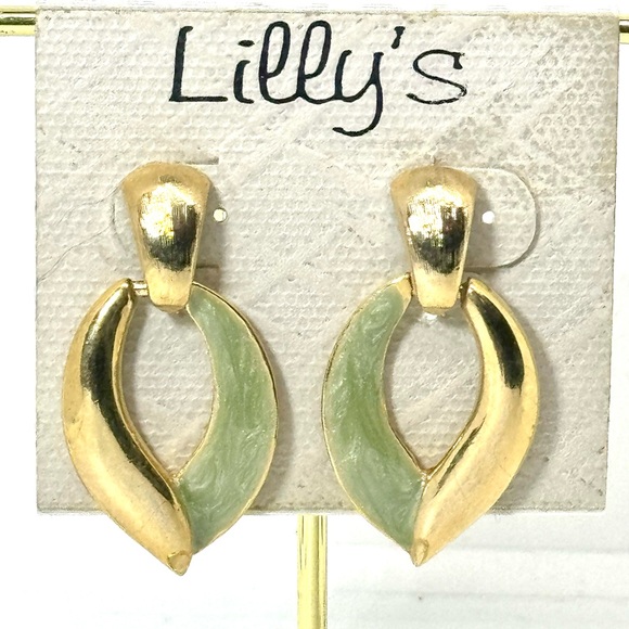 Vintage Gold & Mint Enamel Drop Earrings by Lilly’s - Classic & Elegant Design - Picture 1 of 8